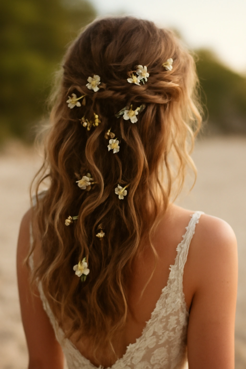 Beachy romantic waves with cascading flowers in a natural outdoor setting