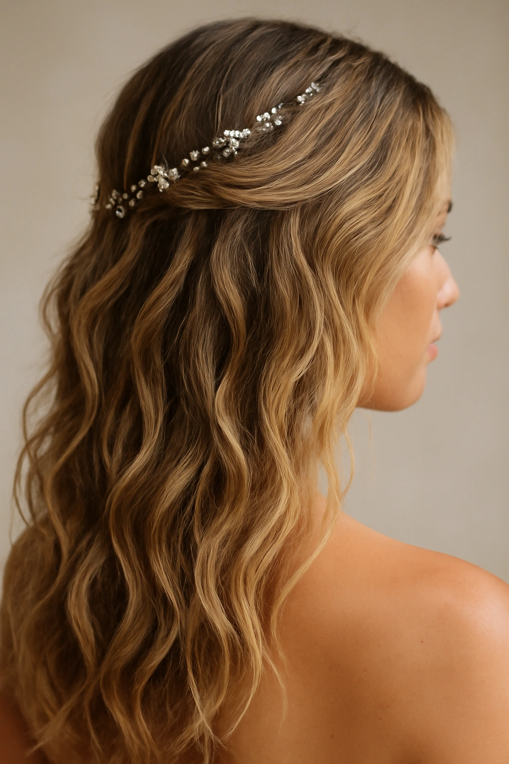 Close-up of beachy waves with delicate hair jewelry