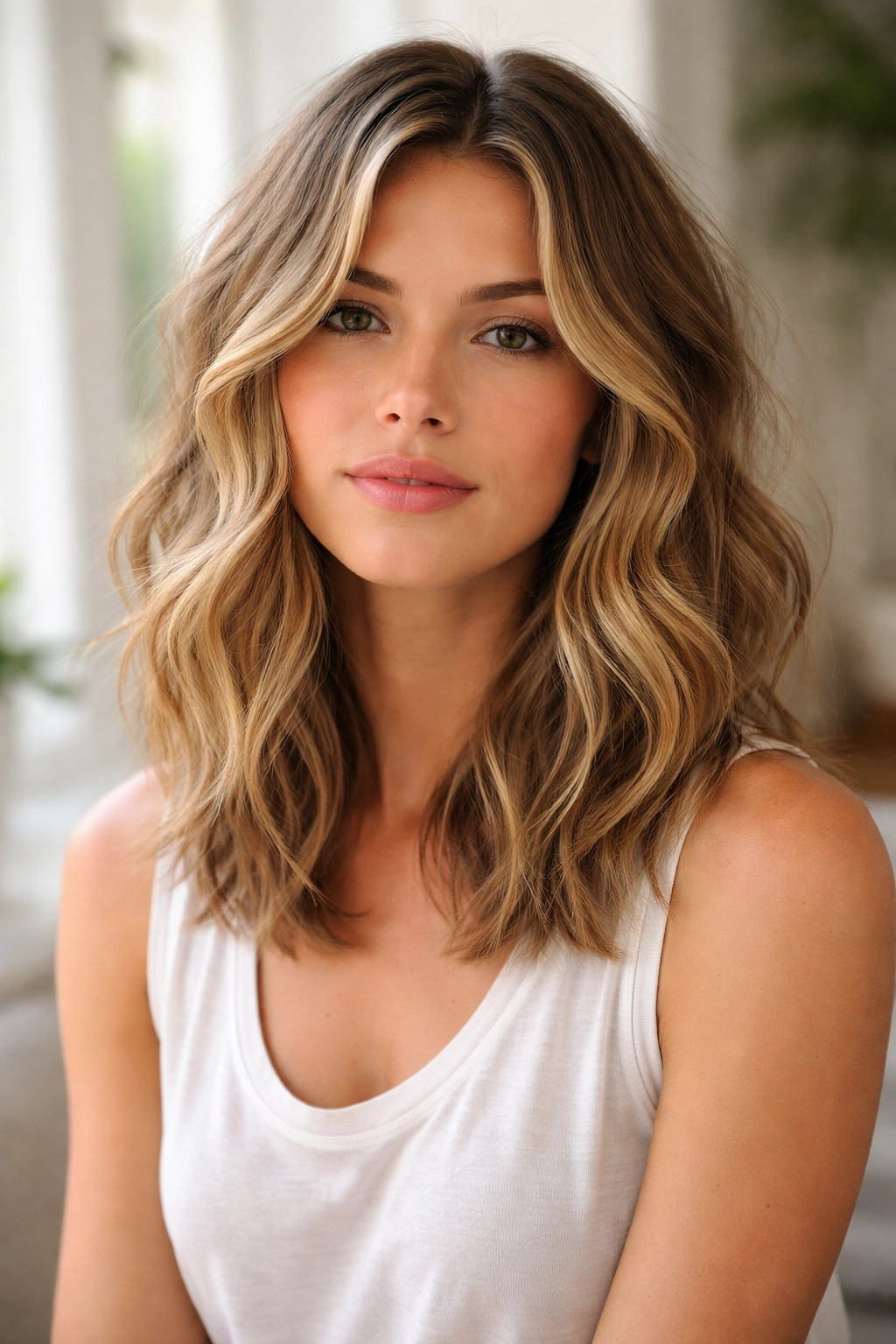 Wavy beachy lob with subtle face-framing layers at shoulder length