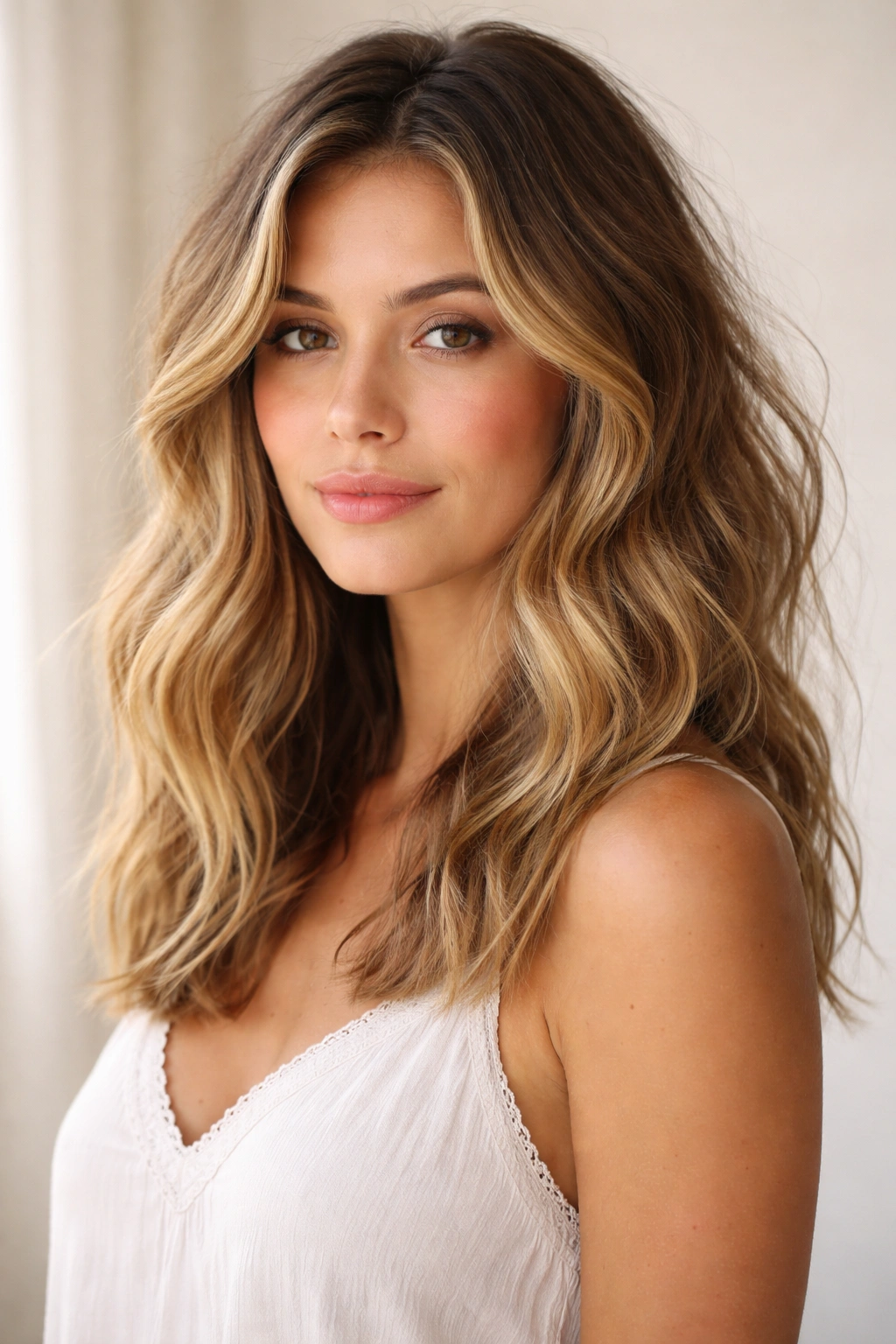 Medium length beachy waves with soft texture in studio