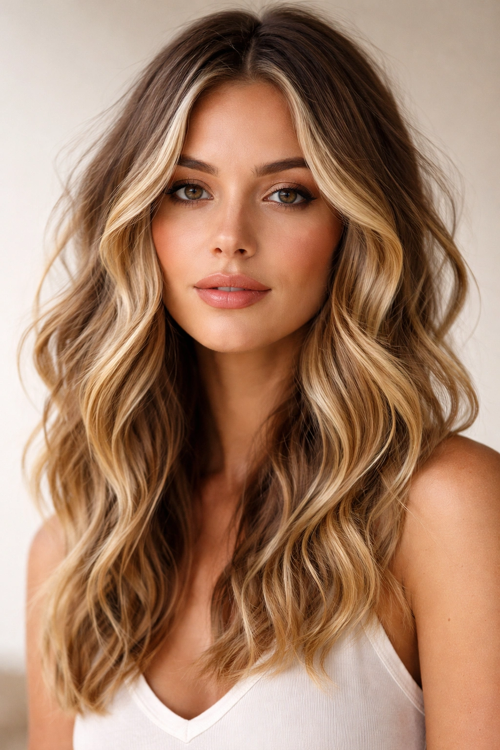 Medium-length hair with beachy waves and face-framing money pieces
