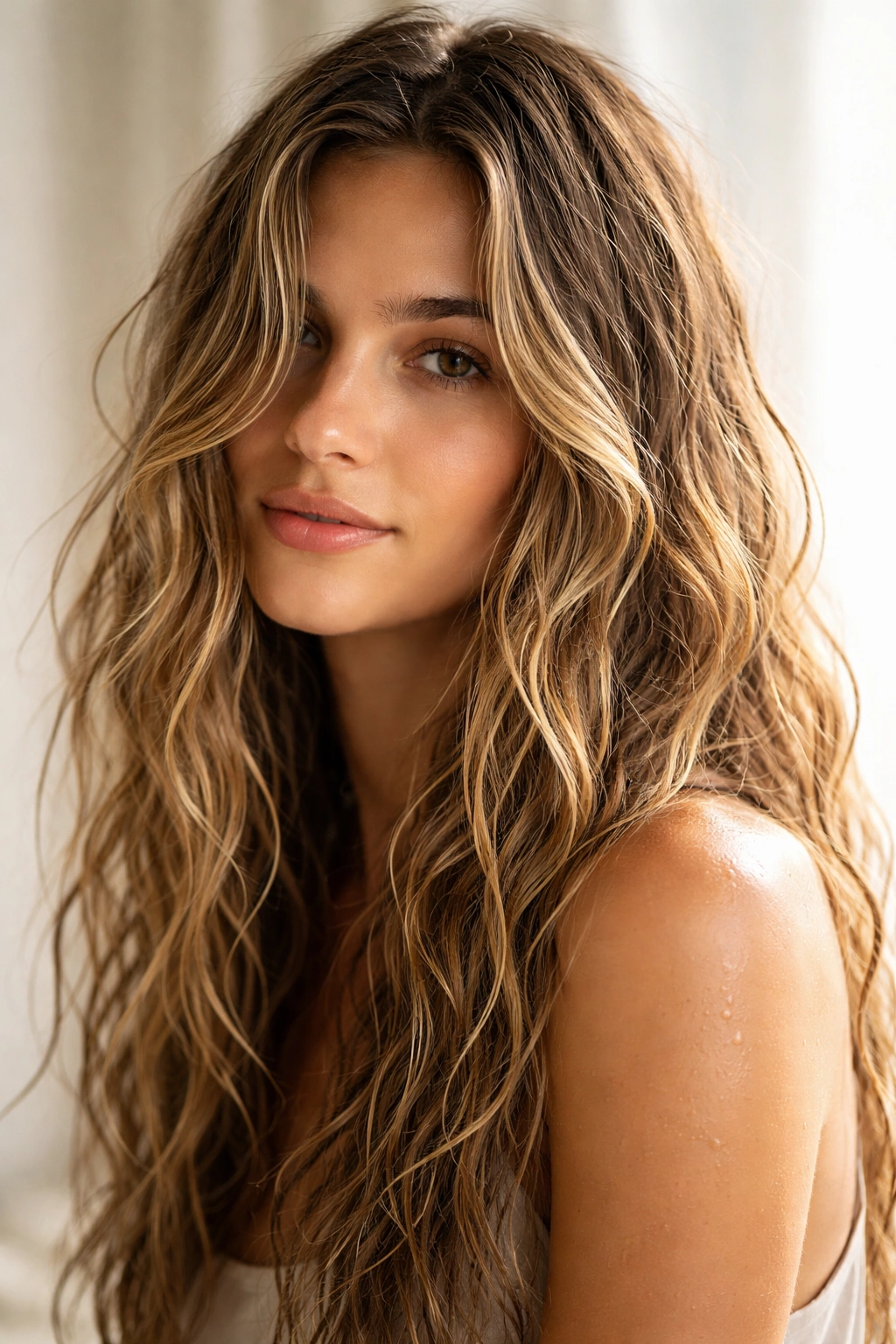 Close-up of wavy hair with beachy texture enhanced by sea salt spray