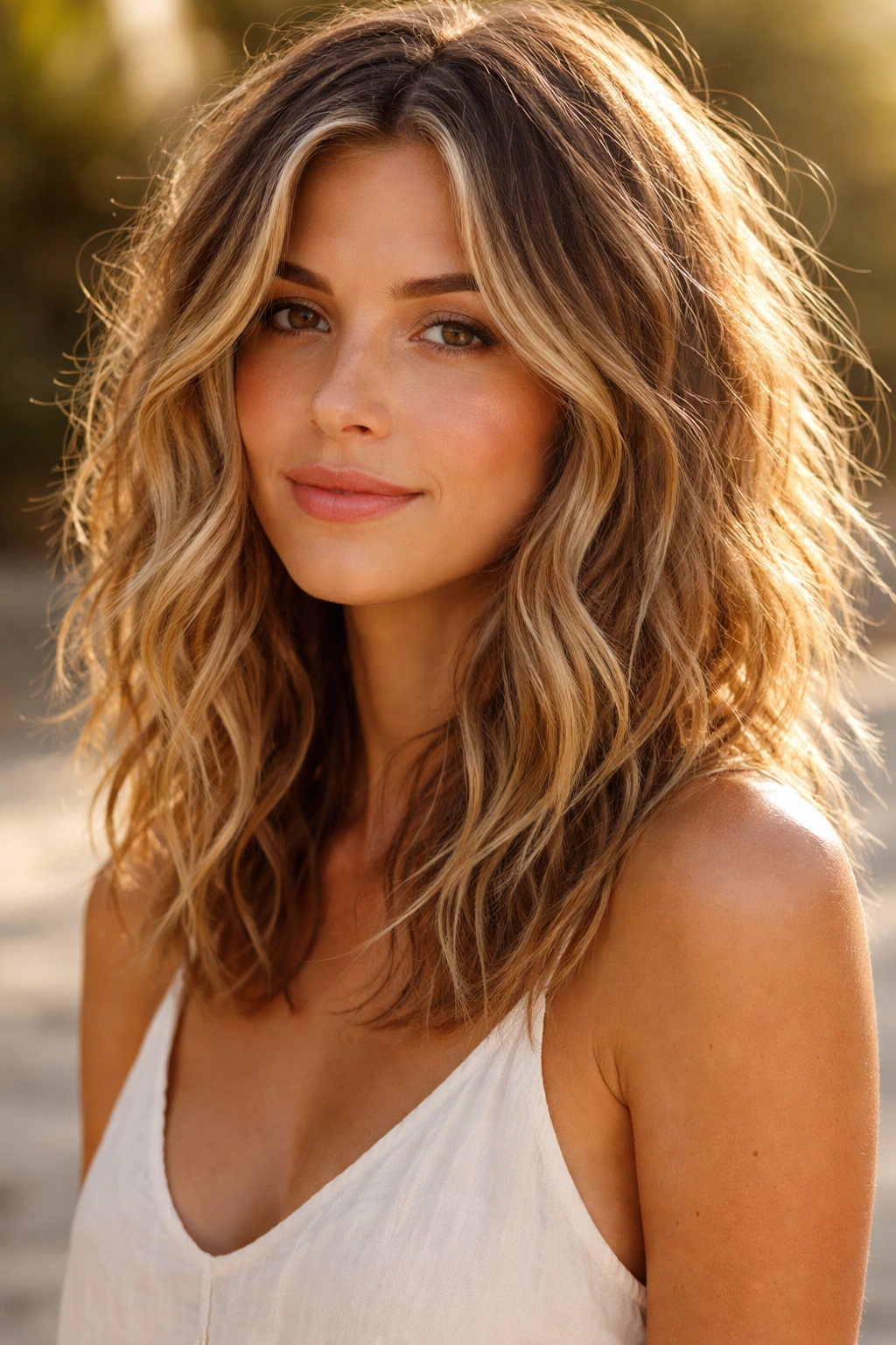 Close-up of shoulder-length hair with tousled beach waves