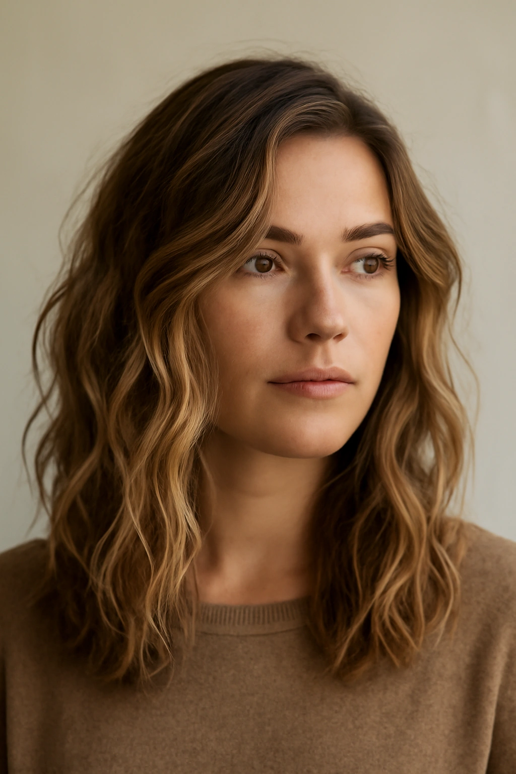 Close-up of beachy waves with a deep side part on air-dried hair