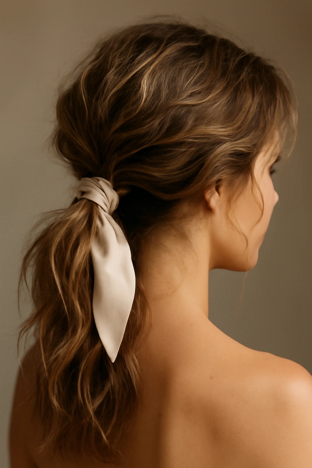 Close-up of tousled waves with a silk tie in a low ponytail