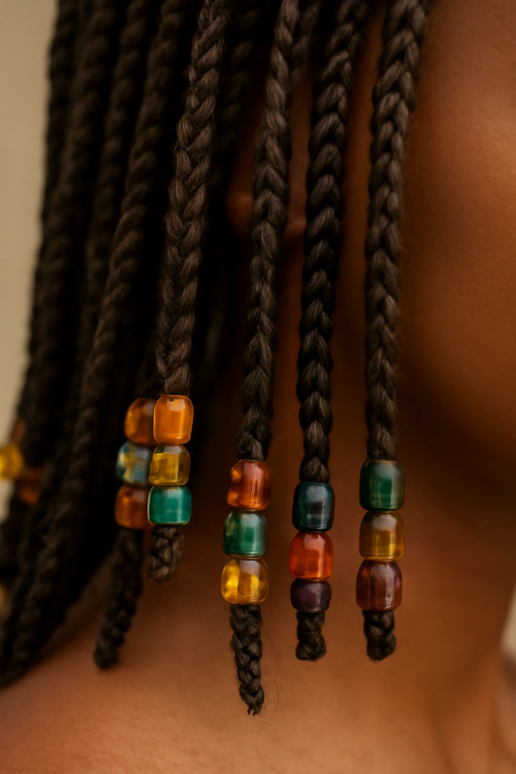 Box braids with beads on strands catching light