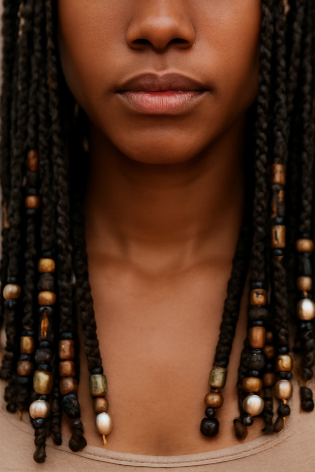 Beads threaded on box braids ends with wooden, metal, and pearl beads.