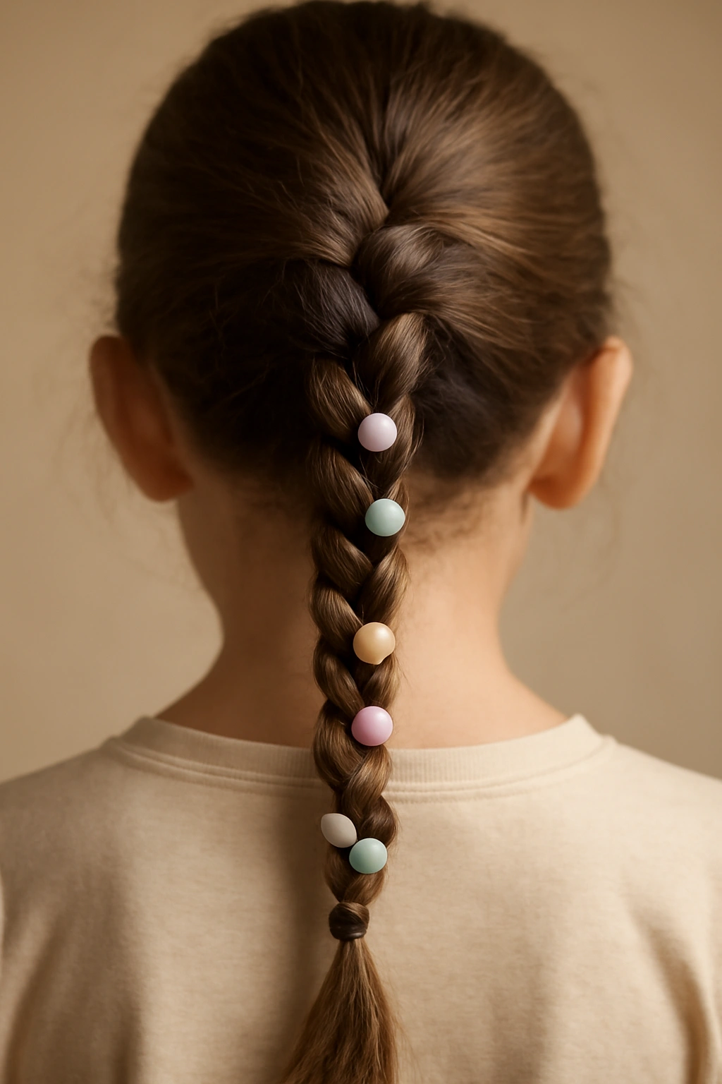 Close-up of a single three-strand braid with scattered beads down the back of a child's head.