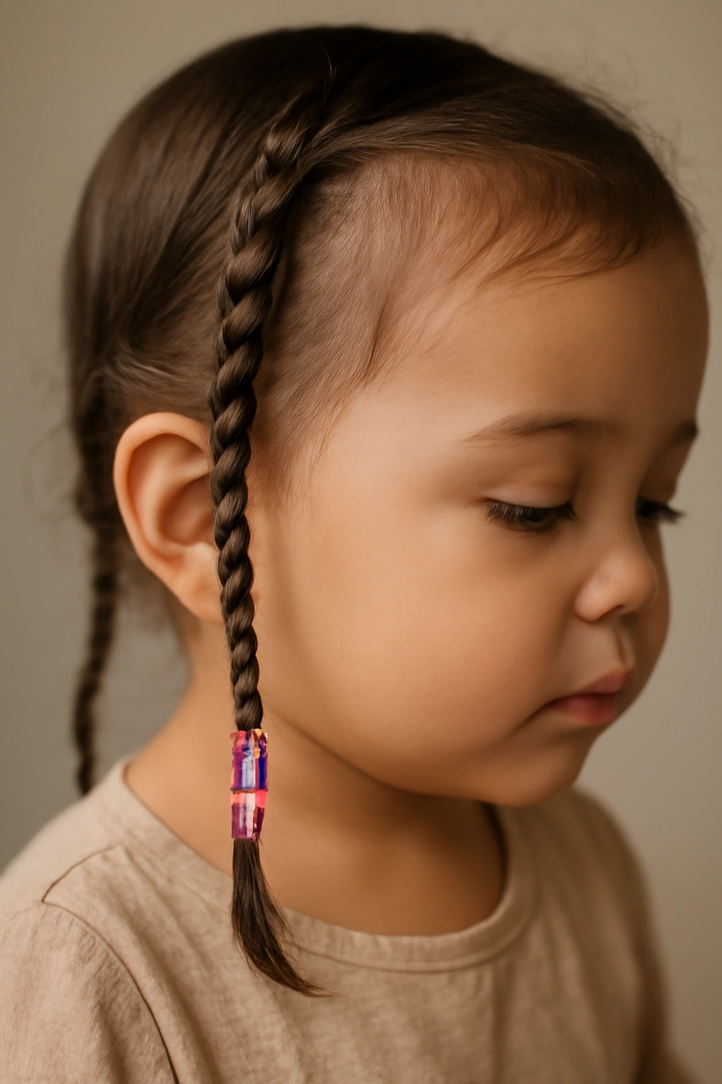 Close-up of a toddler's head showing a single beaded braid