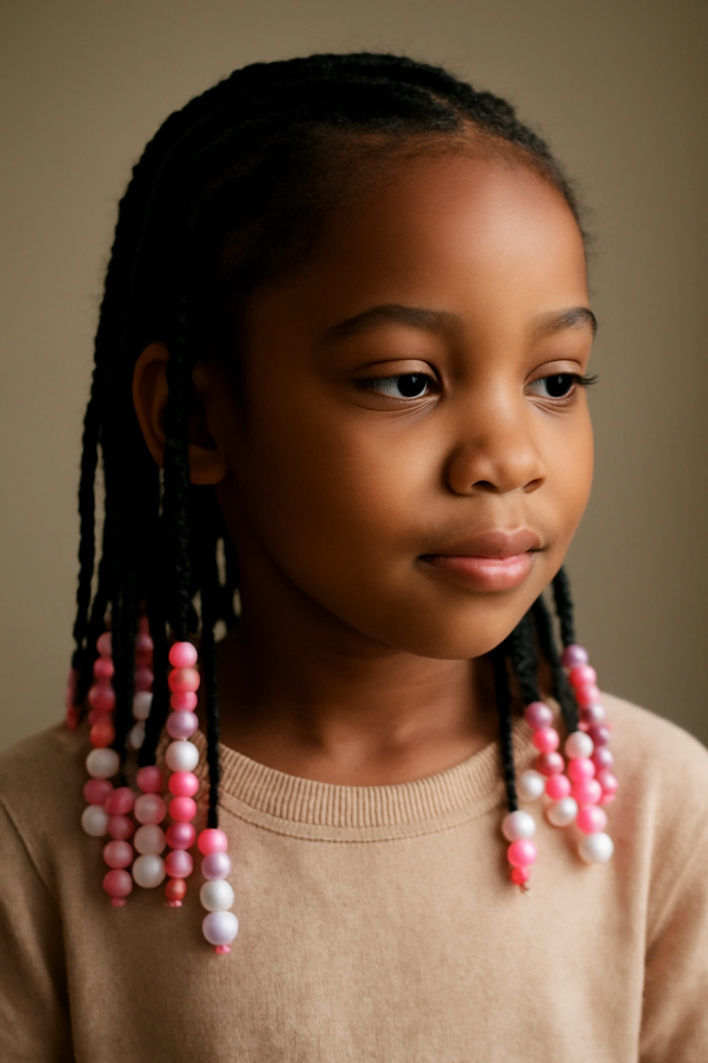 Serene girl with beaded braids, calm mood and soft lighting.
