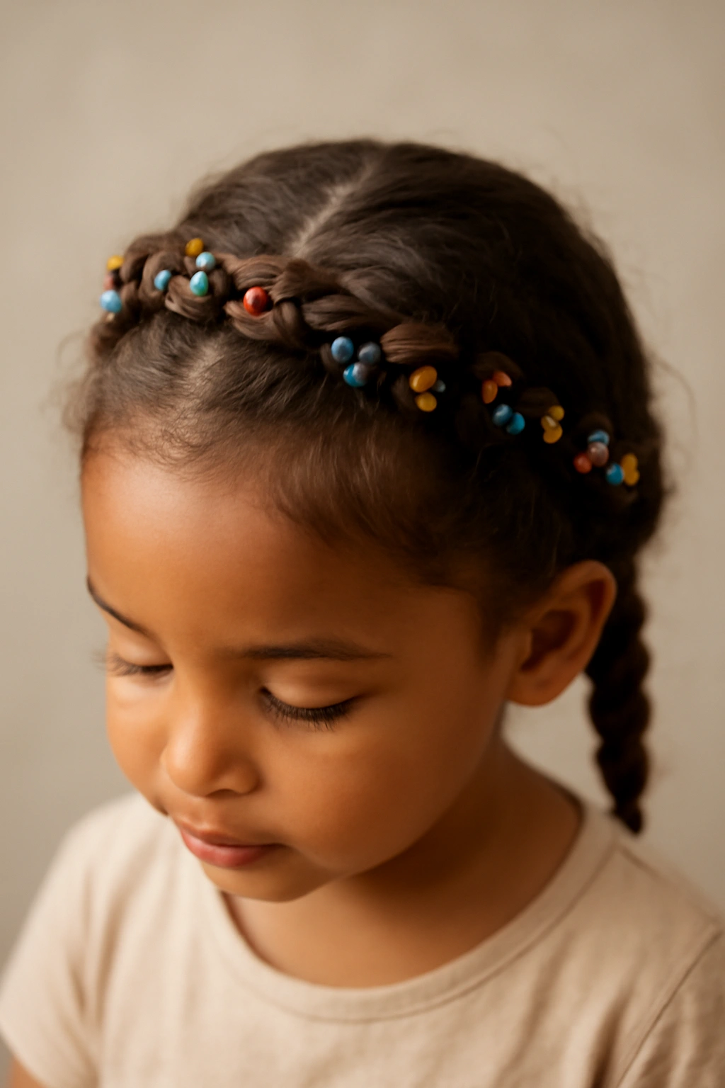 Toddler wearing a beaded crown braid encircling the head.