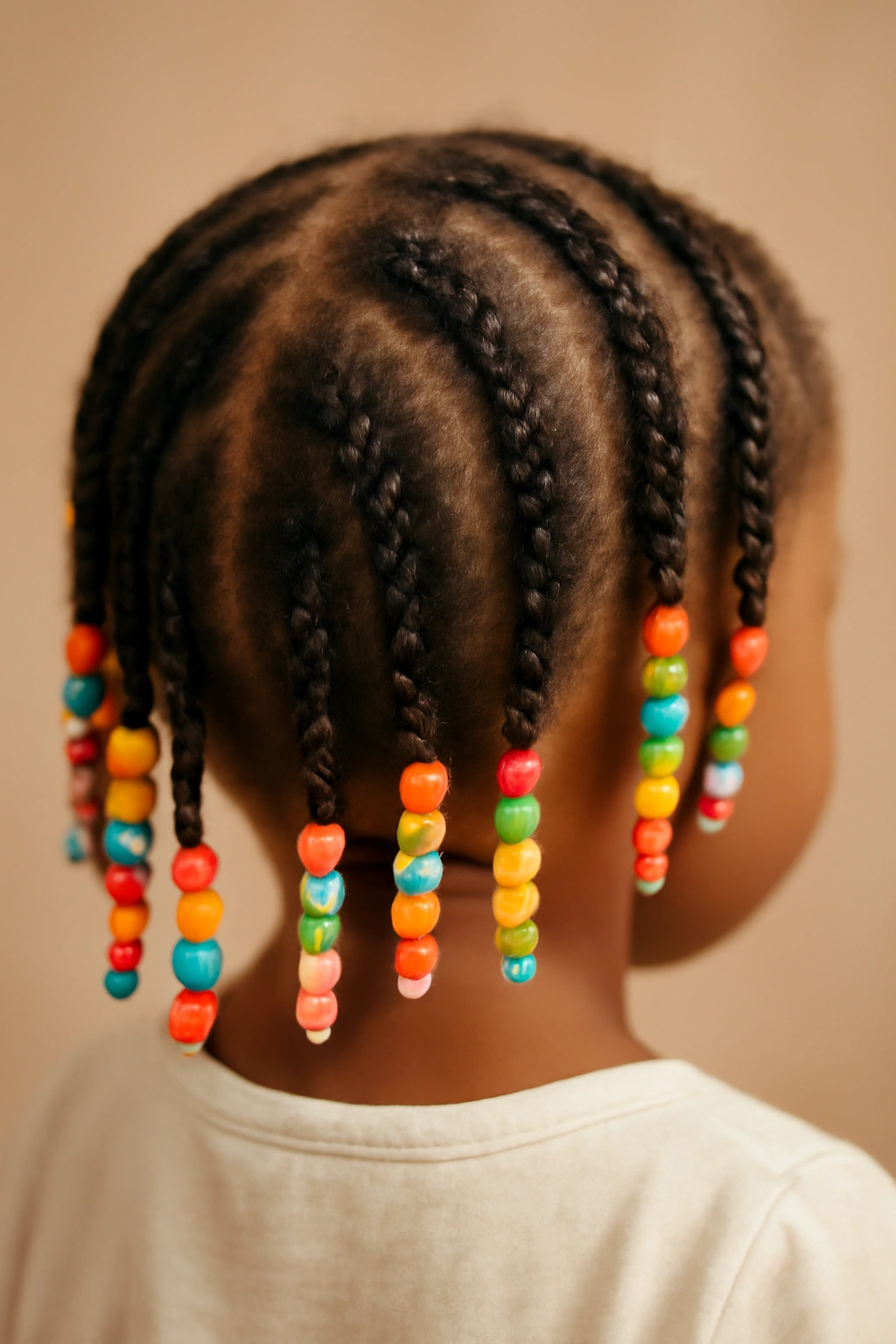 Close-up of a toddler's beaded braids with colorful beads, showcasing a comfortable finished hairstyle