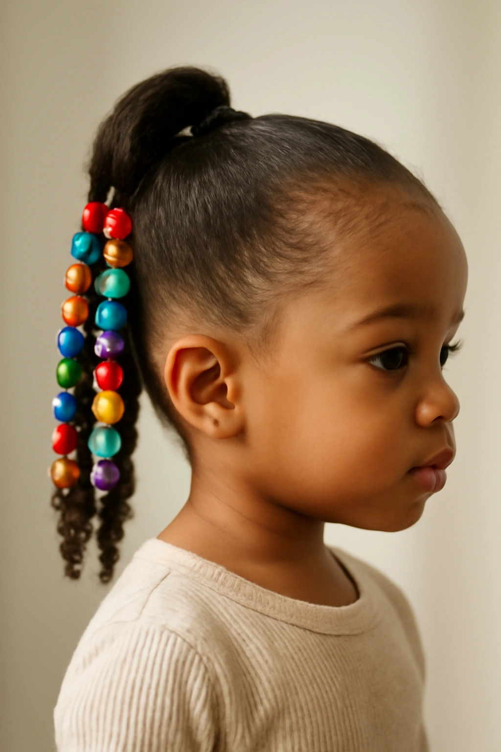 Toddler with a beaded high ponytail