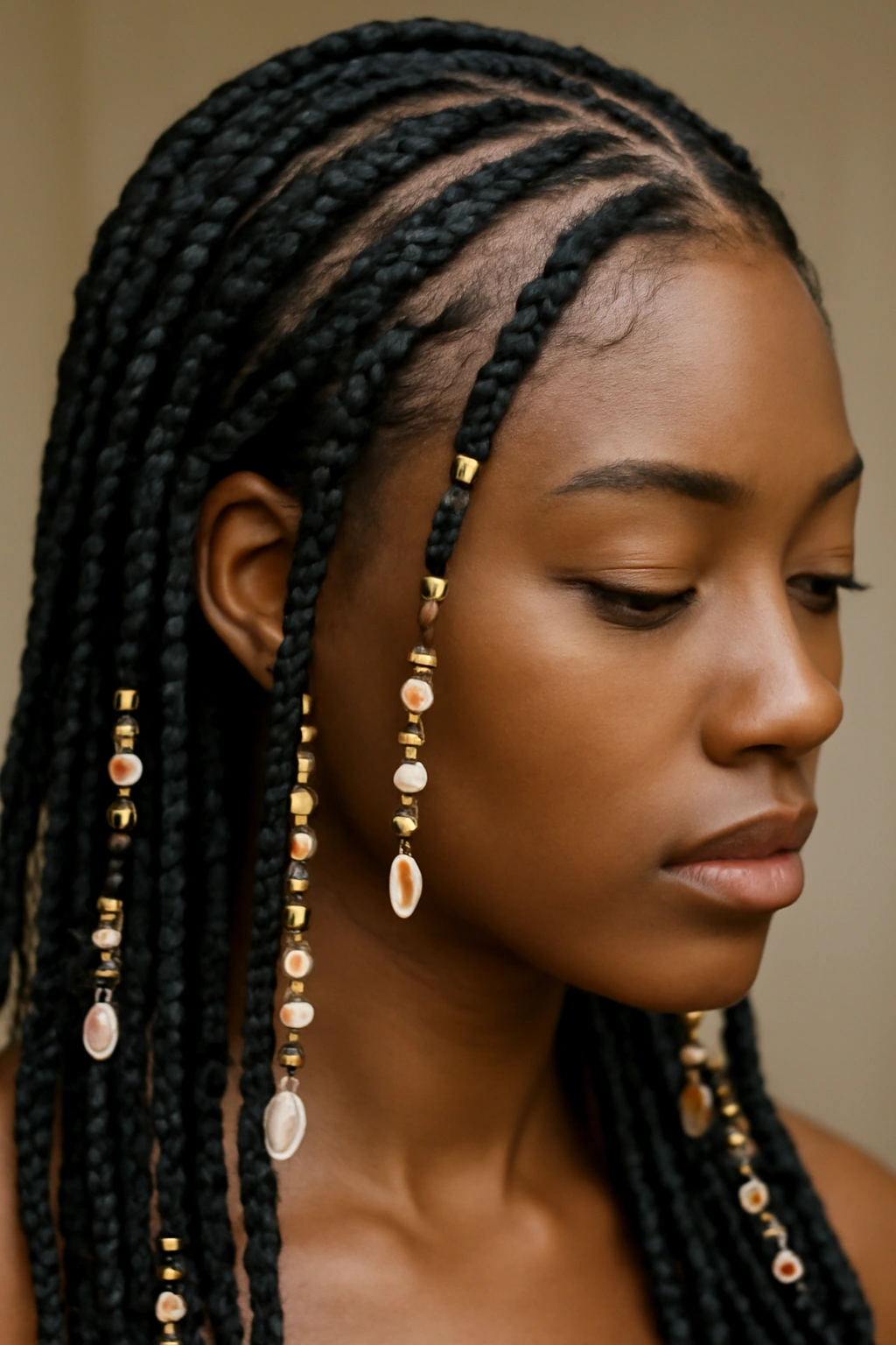 Knotless braids with beads and accessories along the lengths