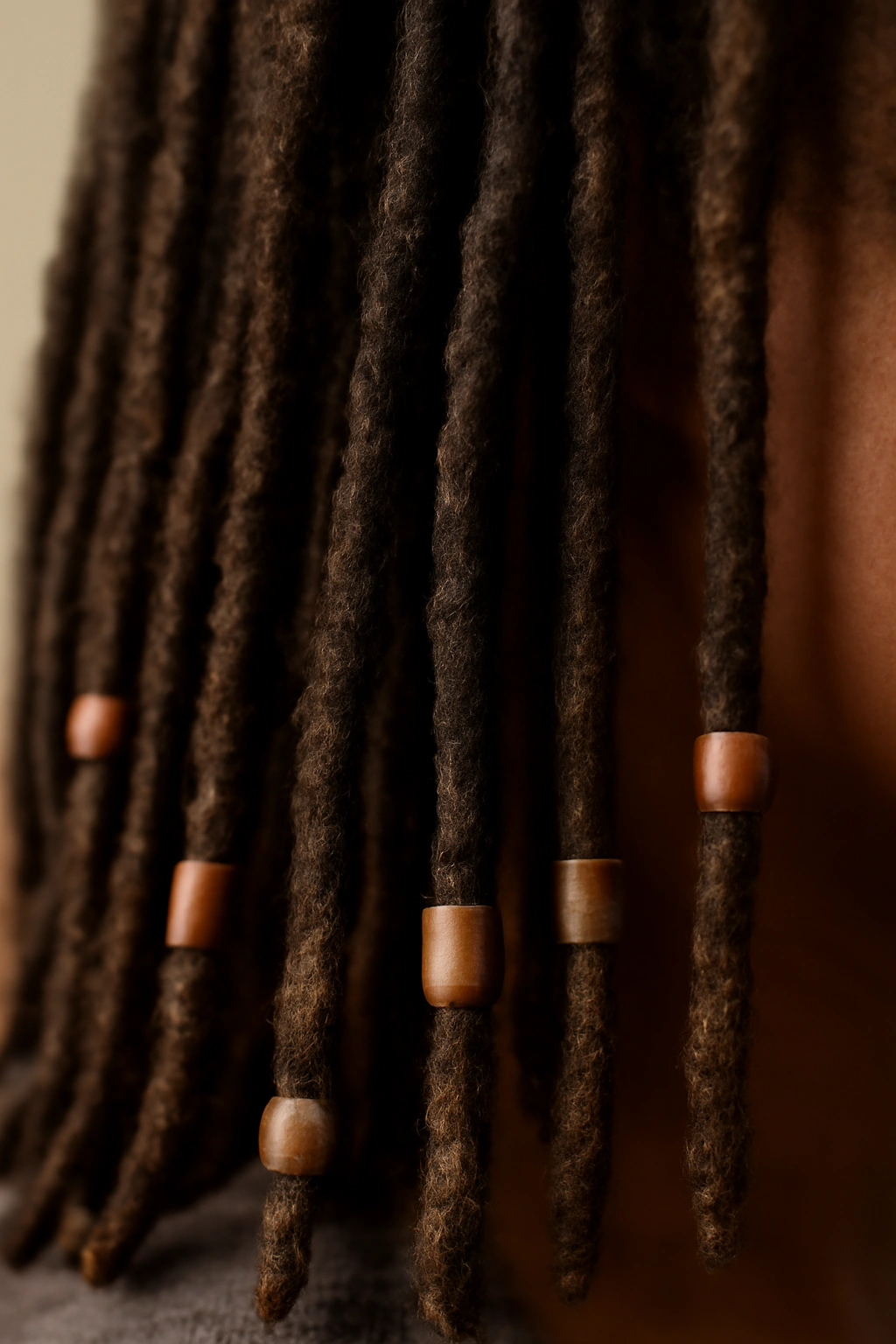 Close-up of locs with understated beads along their length