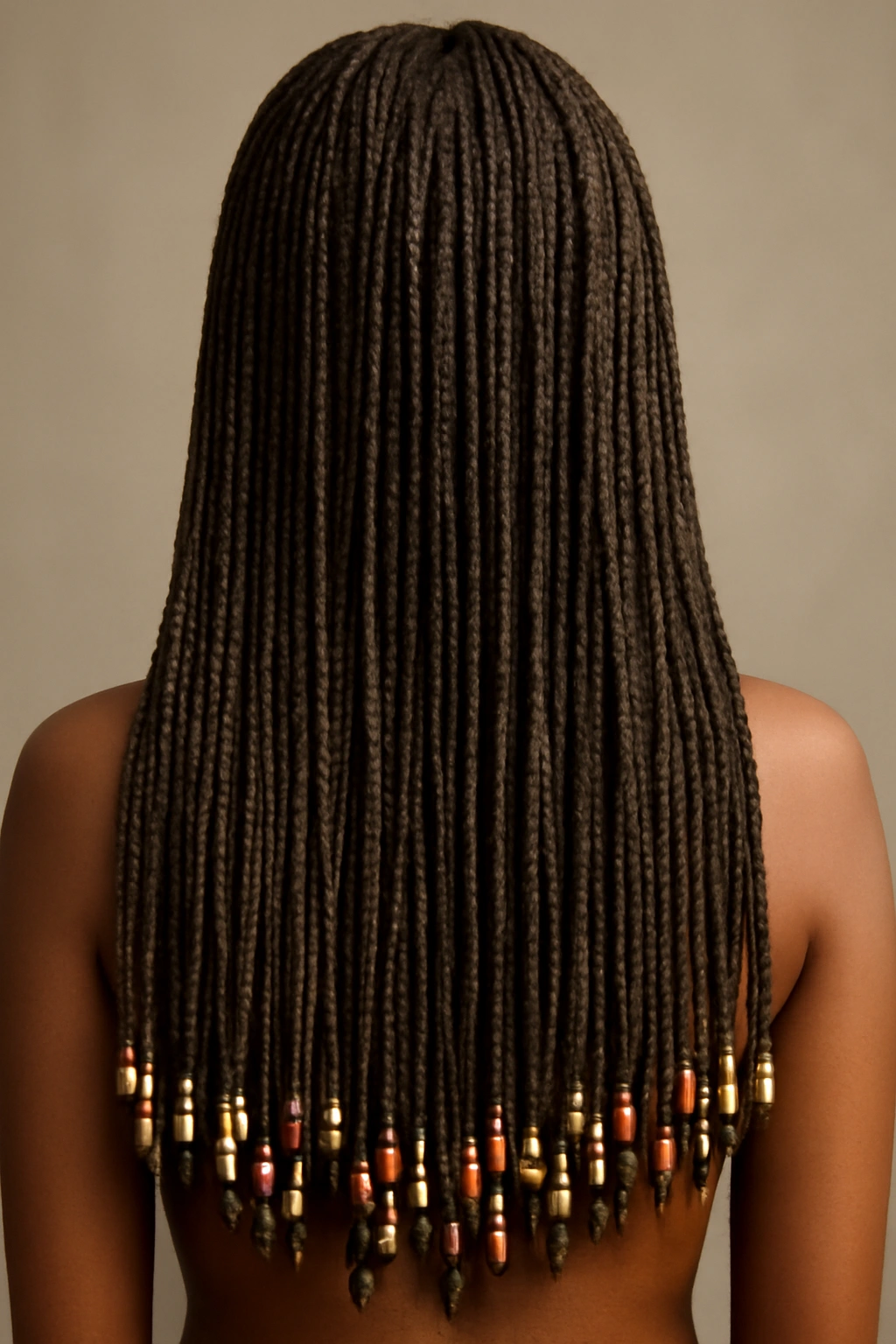 Long micro braids ending with beads along the length of the hair