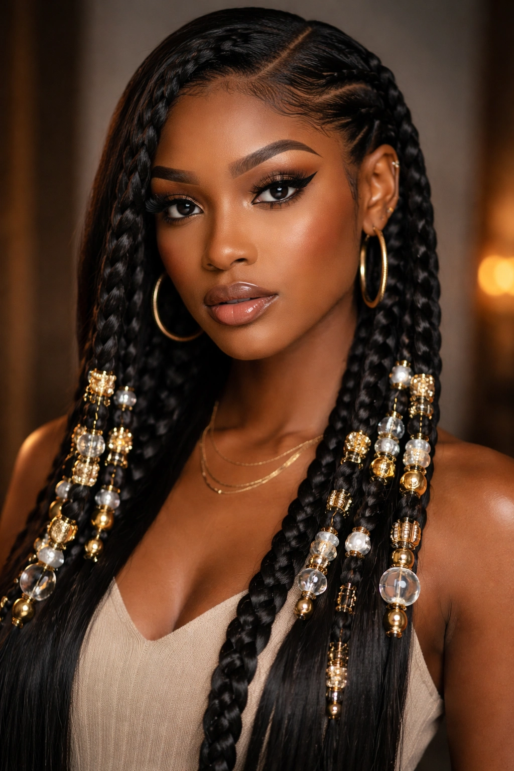 Two beaded braids along a side part catching light