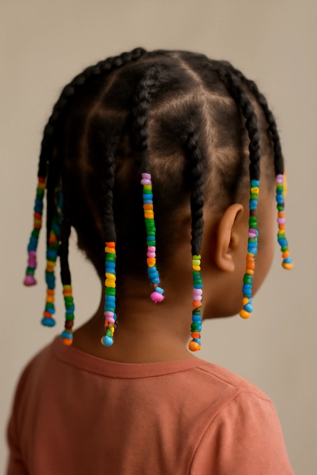 Beaded straw twists on a toddler's hair.