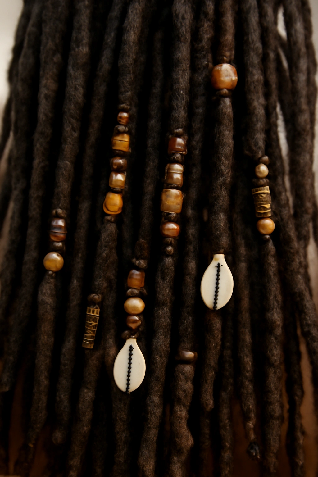 Close-up of braided locs with beads along their length