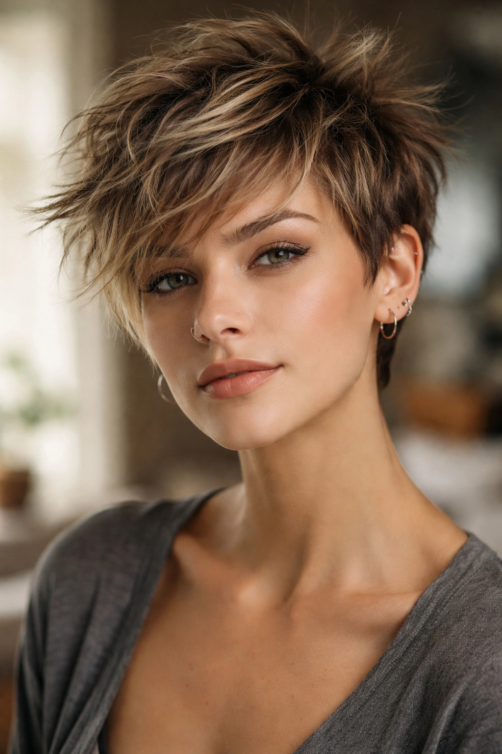Model with tousled bedhead pixie showing loose texture and movement.