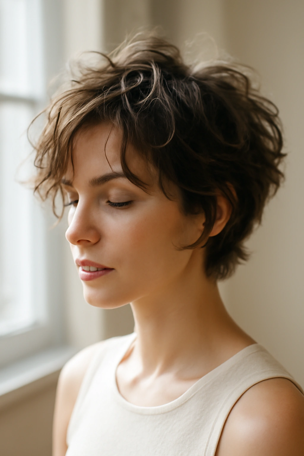 Close-up of tousled bedhead short hairstyle with soft waves