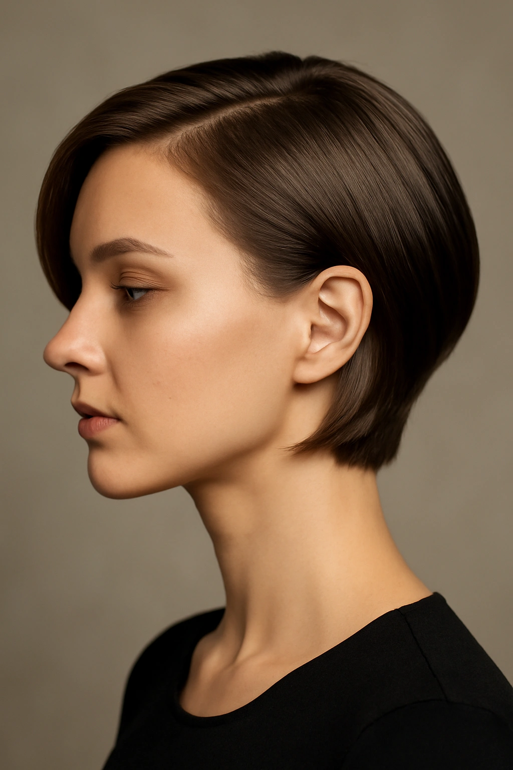 Side profile of short hair in a sleek behind-the-ear tuck