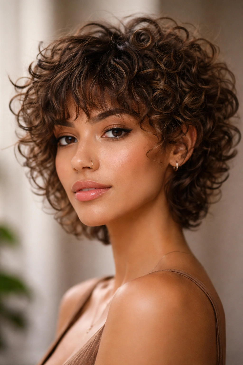 Close-up of bixie bangs with textured fringe on curly hair.