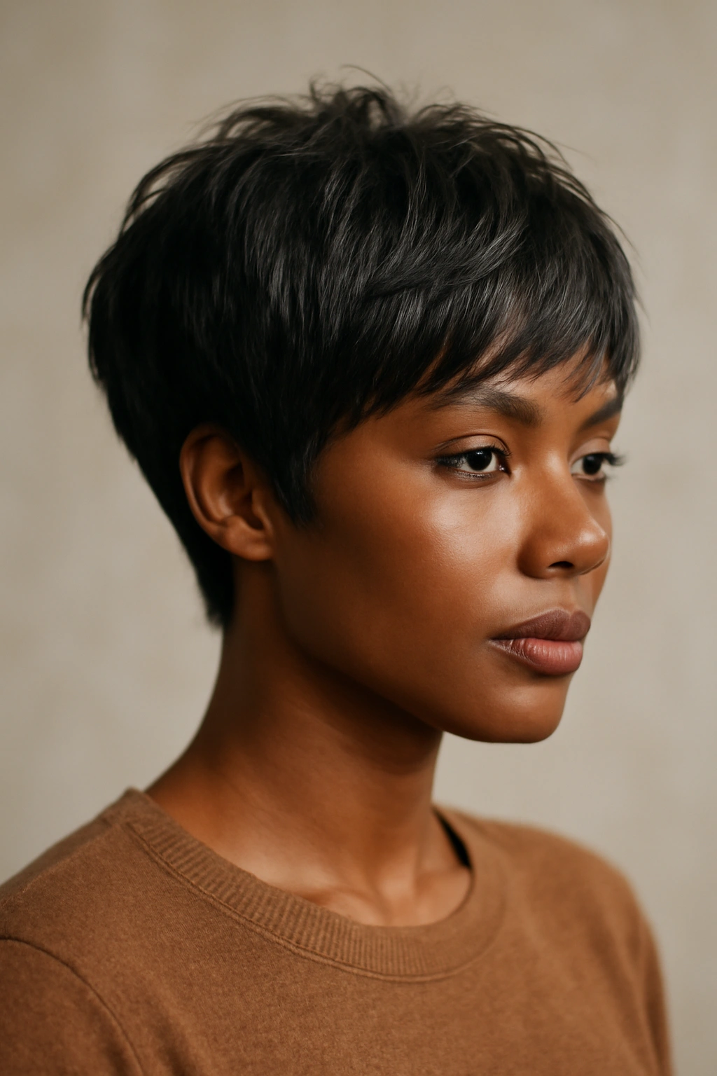 Bixie bob with chin-length front pieces and short crown layers in studio lighting