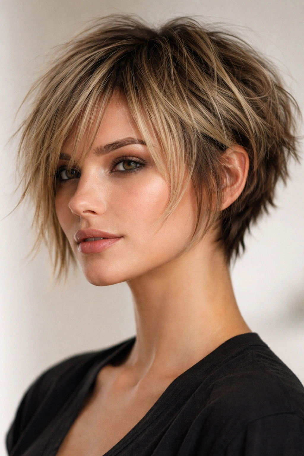 Bixie hairstyle with short back and longer front chin-length pieces