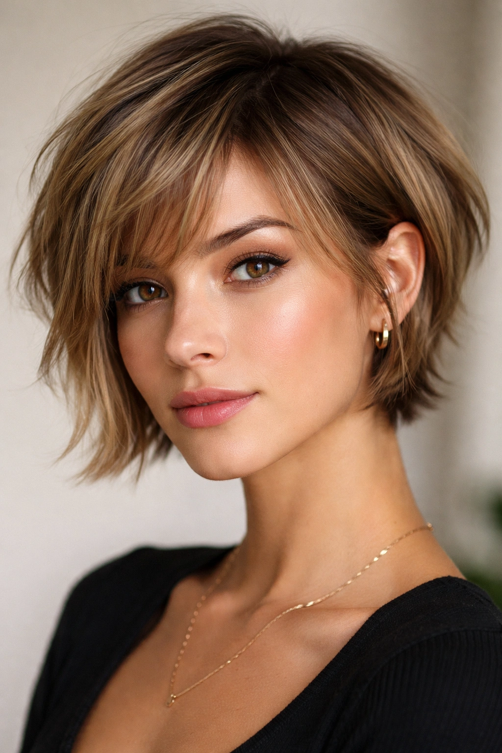 Portrait of a model with a bixie bob, short back and longer front framing the face