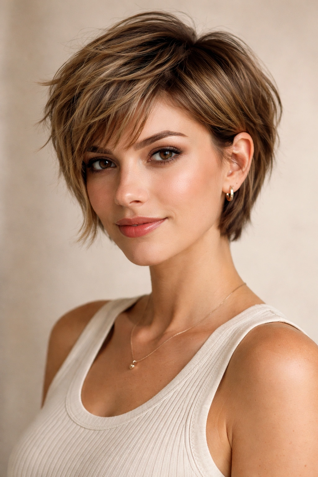 Bixie cut with textured crown and longer sides.