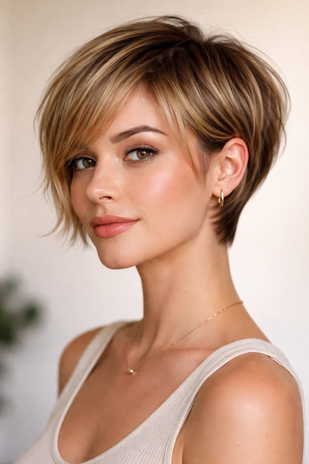 Bixie haircut with longer front and shorter back in a studio portrait