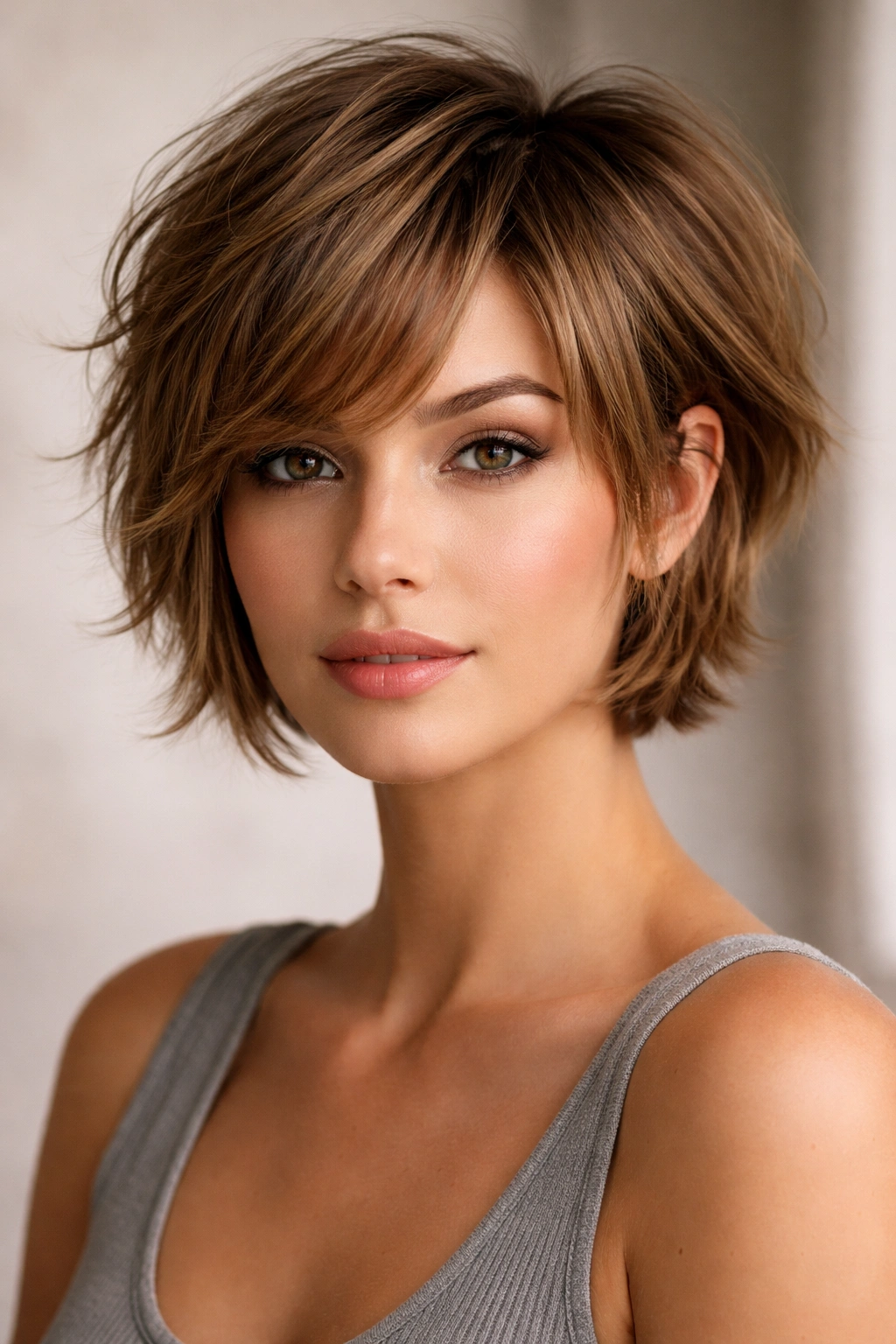 Bixie cut hairstyle with crown volume and face-framing layers
