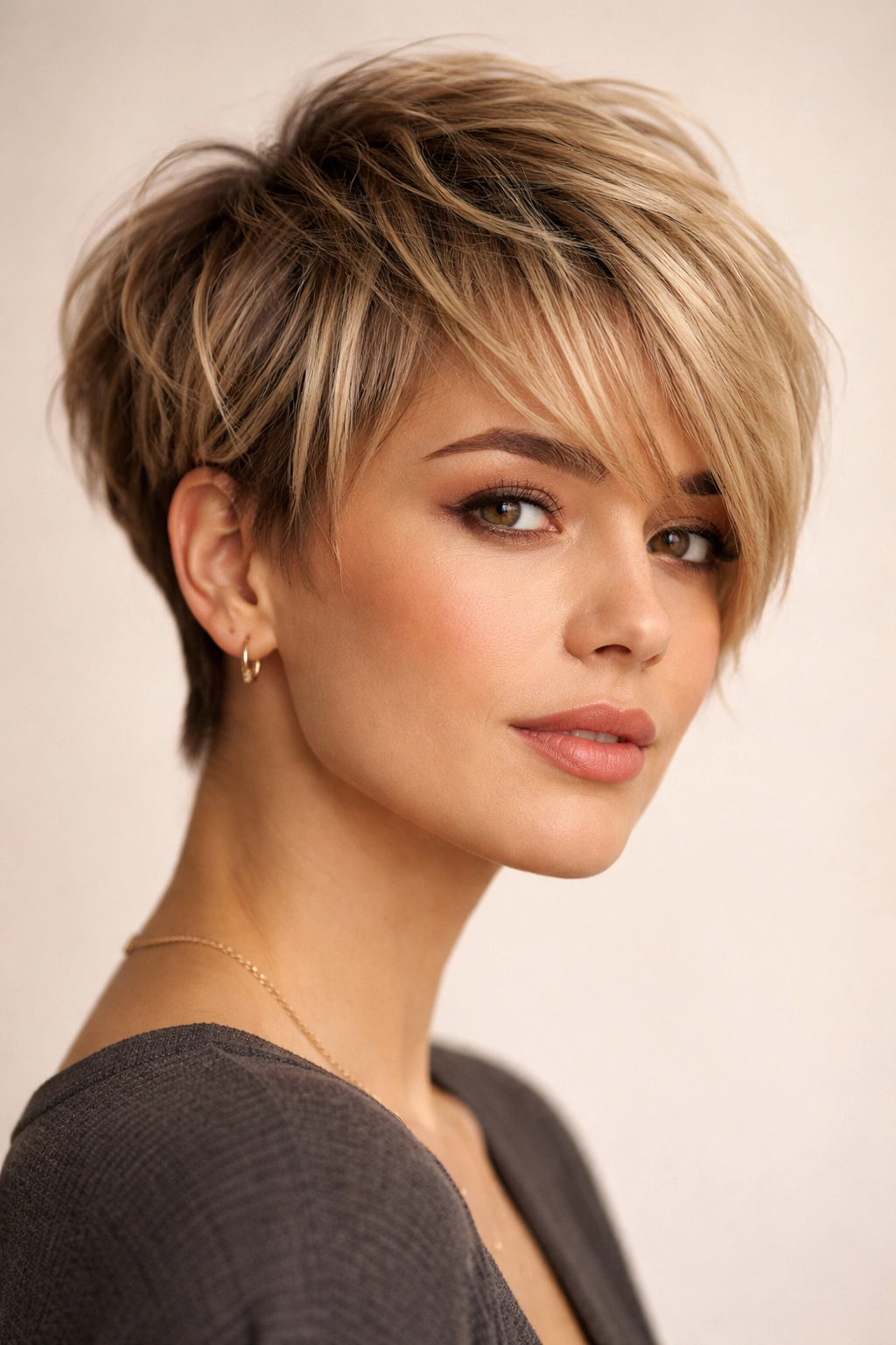 Bixie haircut showing longer textured top and shorter sides