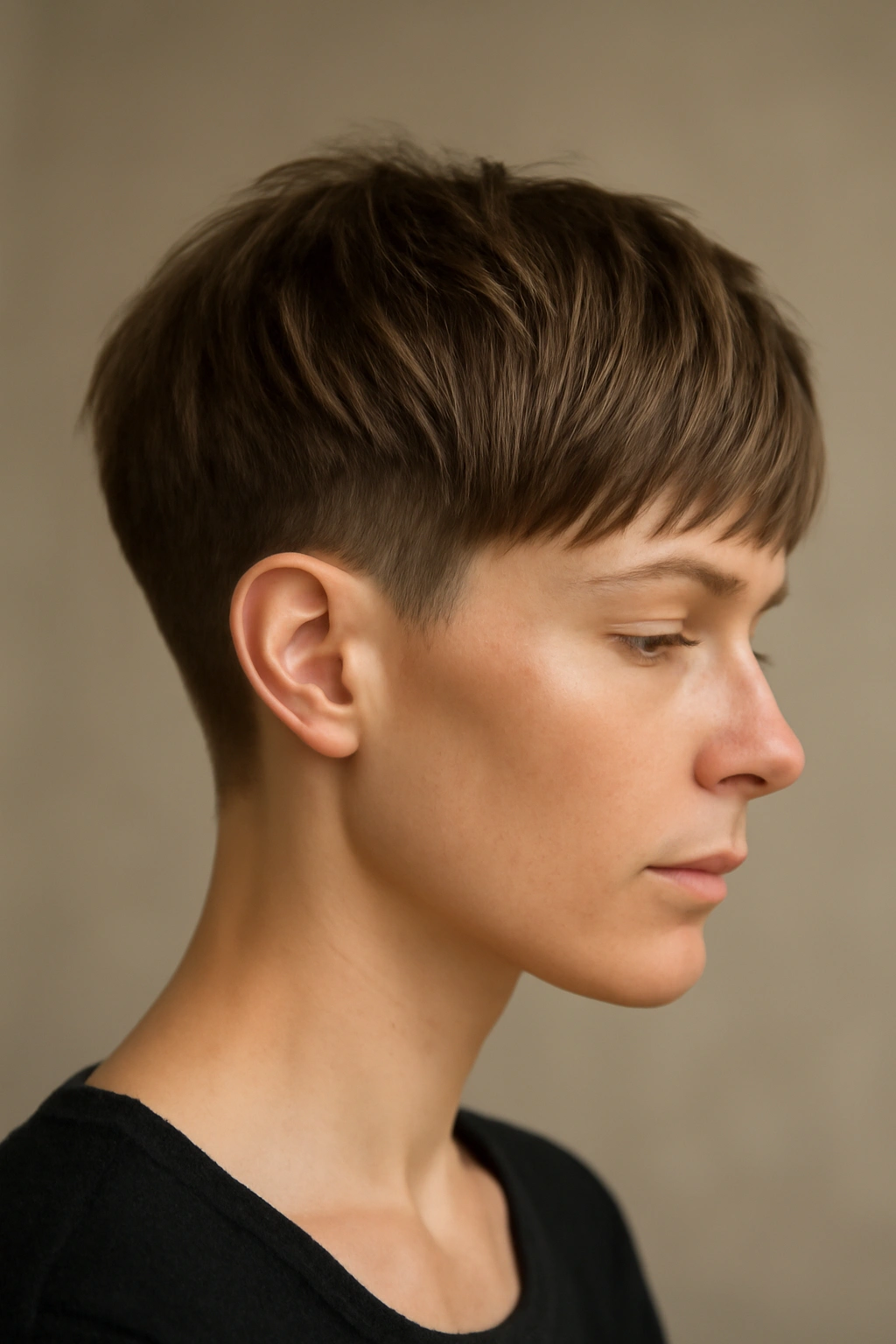 Side profile of a bixie cut showing longer top and short sides