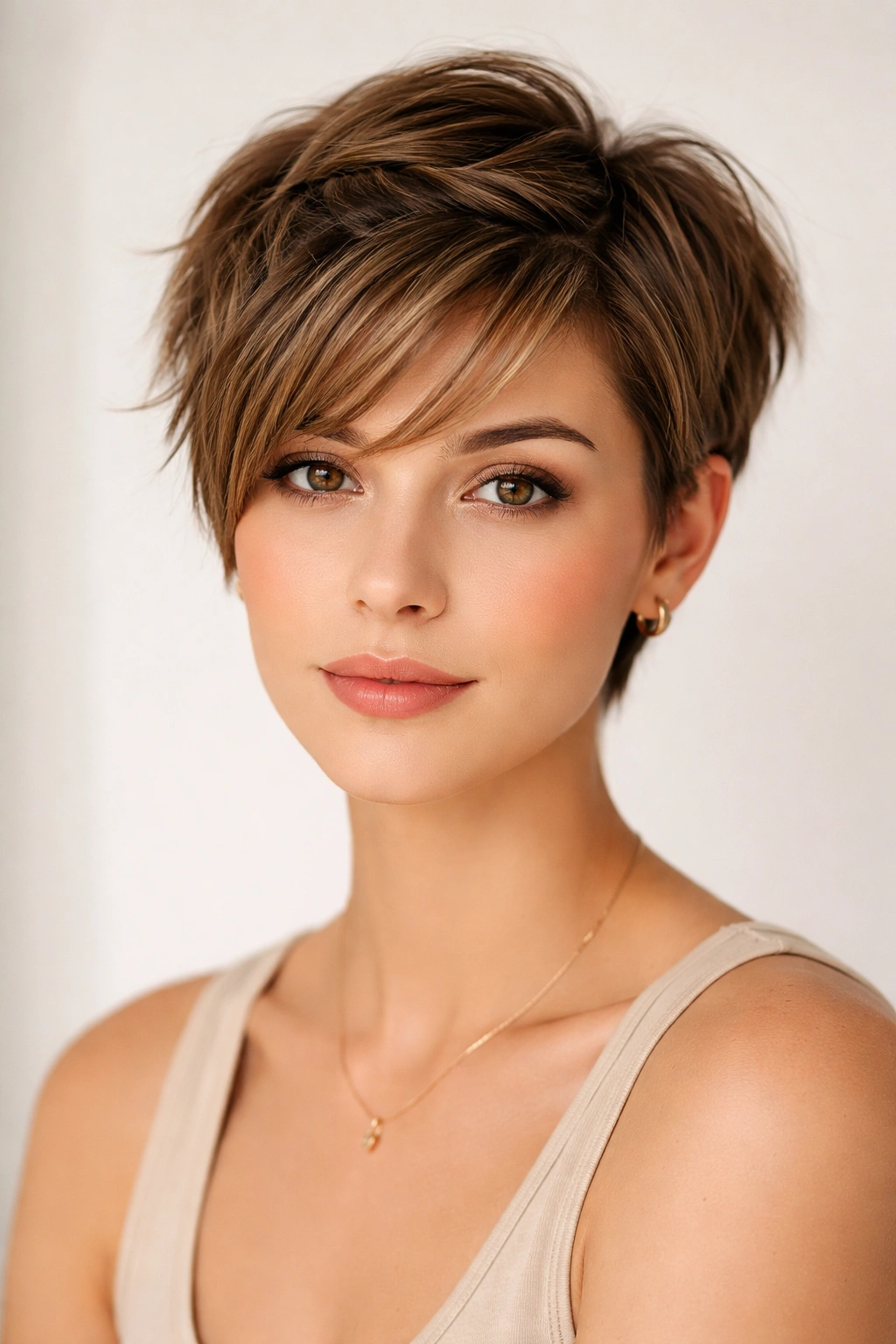 Portrait of a model with a bixie cut and pinned-back bangs for triangle faces