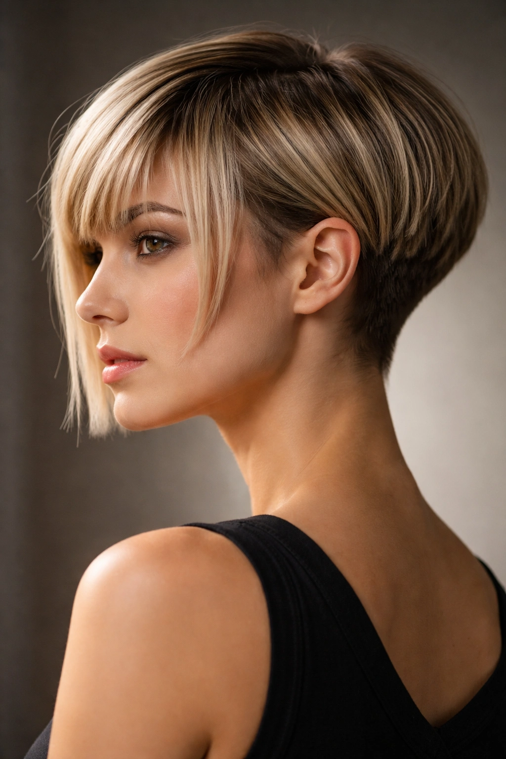 Bixie haircut with chin-length front and short back fade
