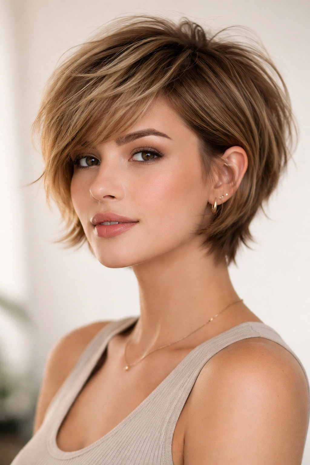 Bixie haircut with layered, textured top for face framing