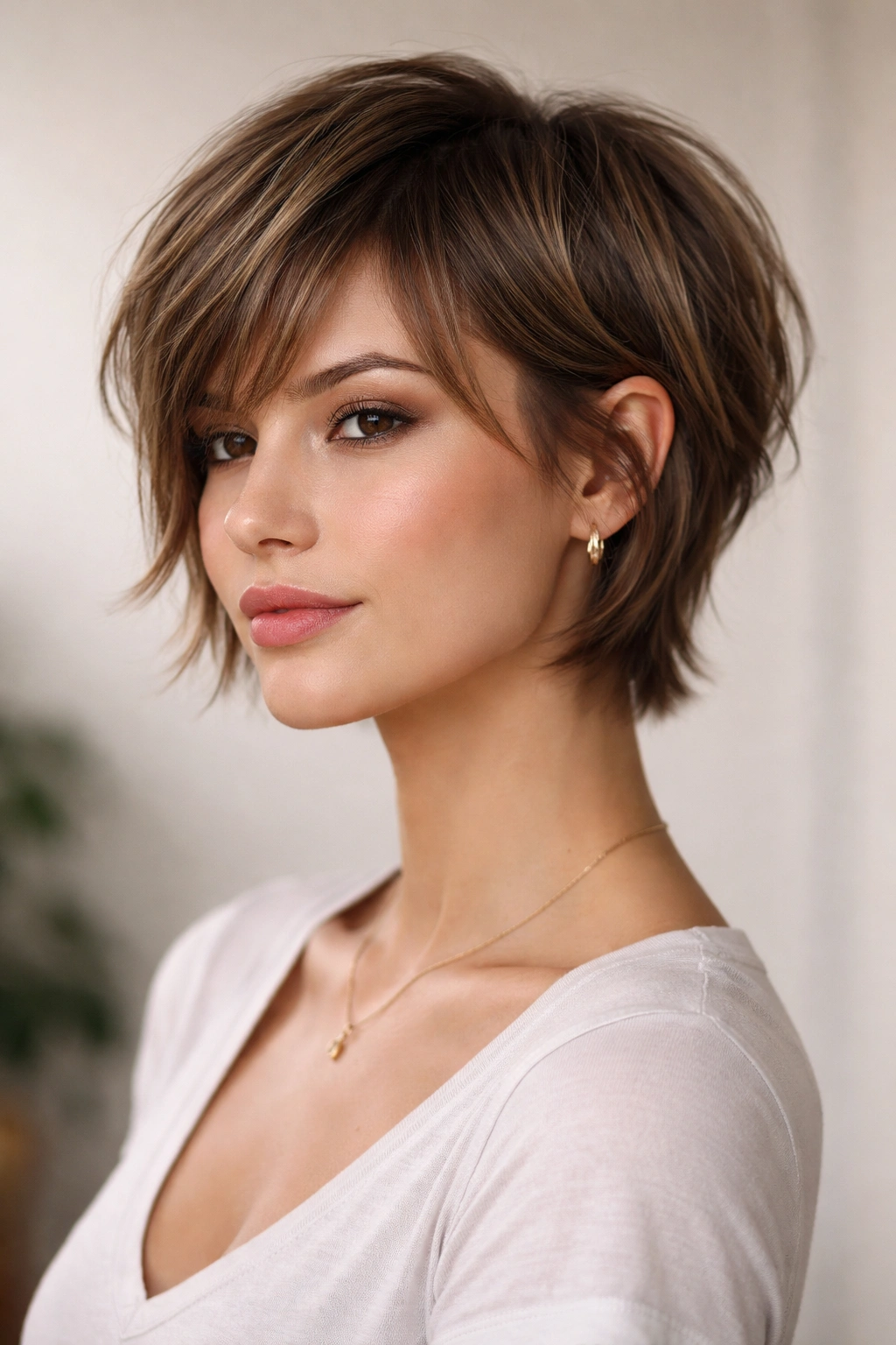 Three-quarter view of a bixie hairstyle with face-framing layers and choppy texture highlighting cheekbones
