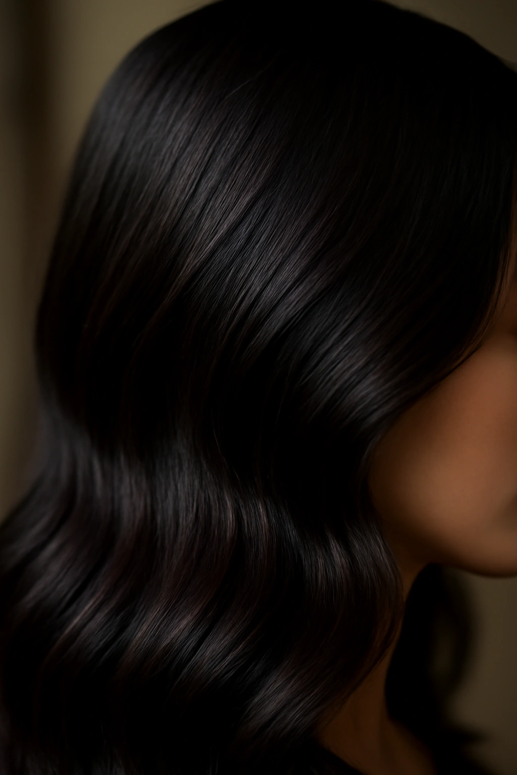 Close-up of near-black hair with burgundy undertones under bright light