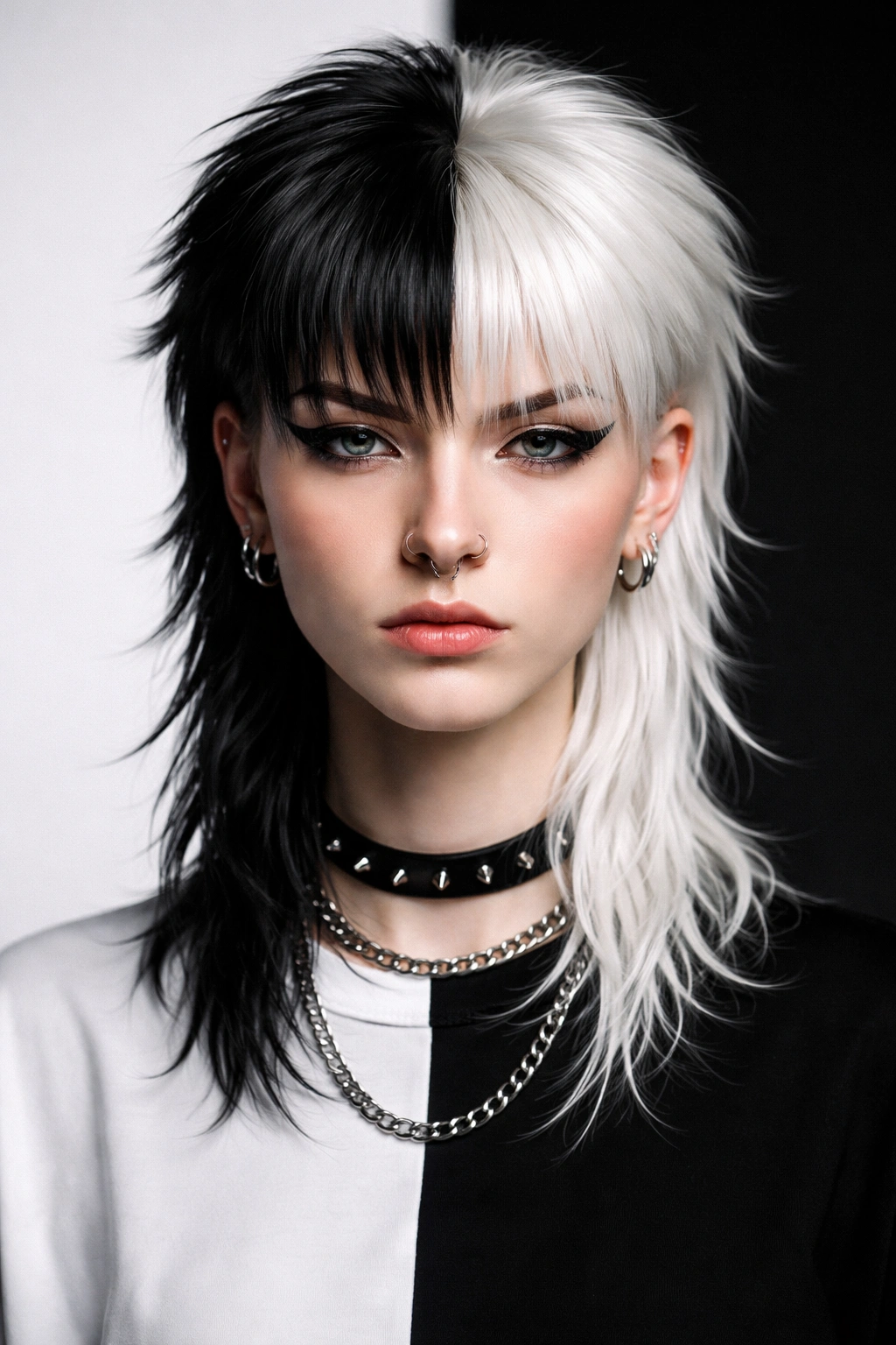 Close-up of a black and white two-tone mullet with stark color split