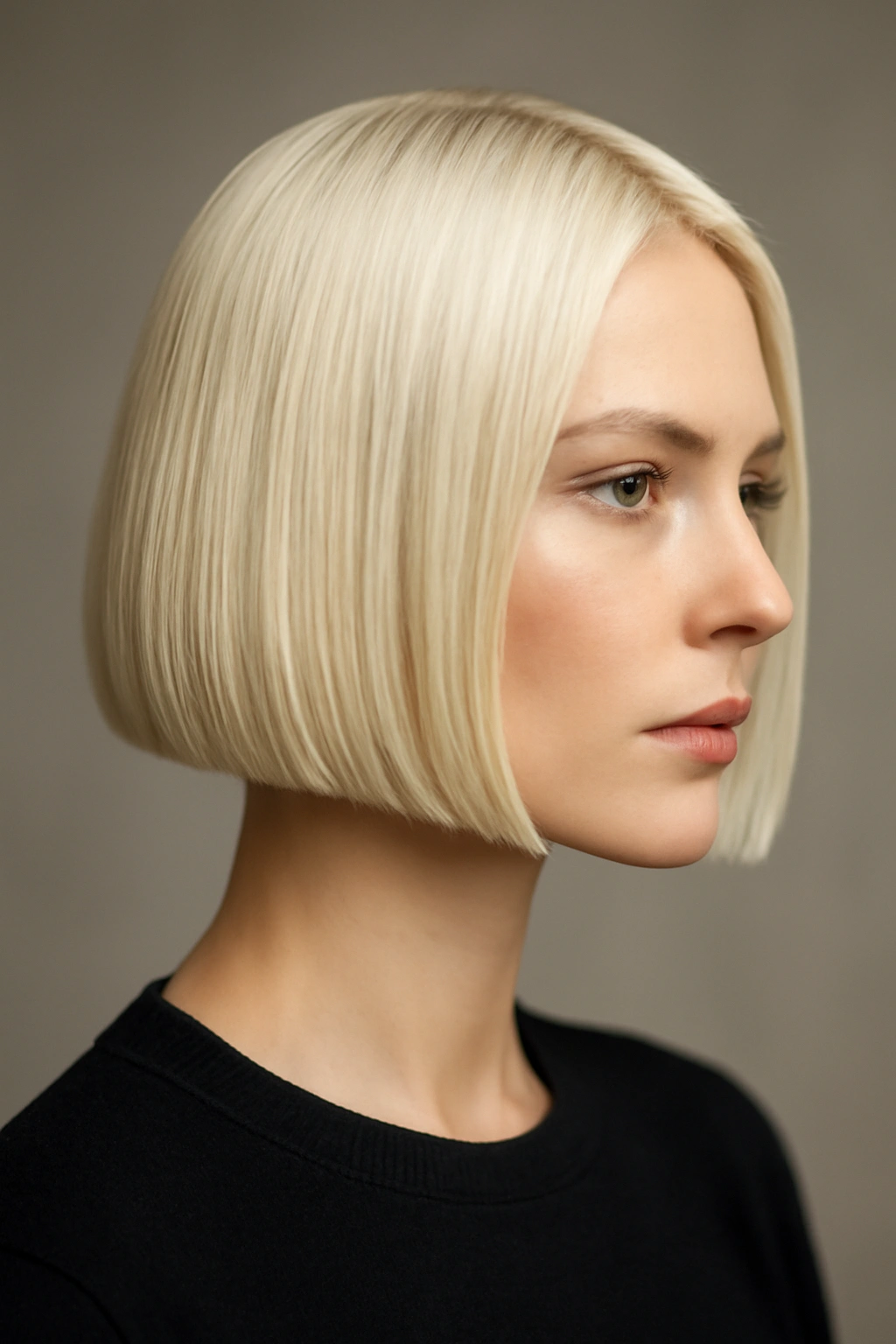 Close-up of a chin-length bleached blonde blunt bob with cool undertones