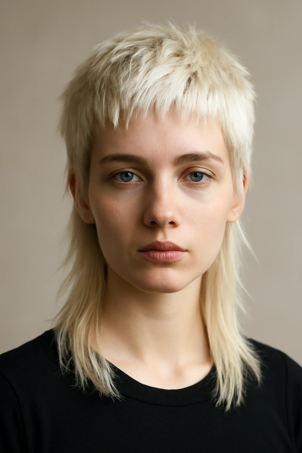 Bleached blonde mullet with platinum color and textured top