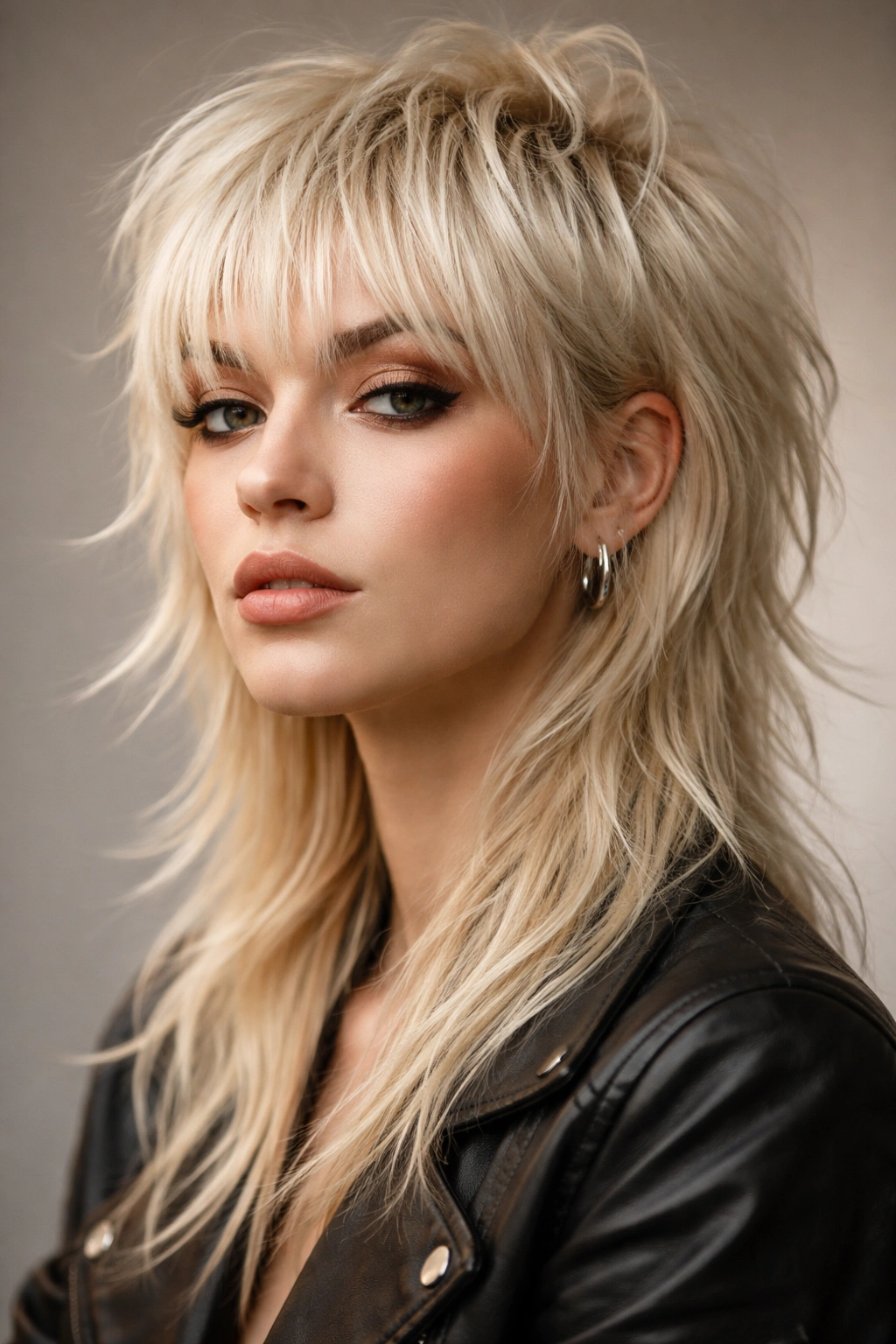 Close-up of platinum blonde mullet shag showing sharp texture and layered color