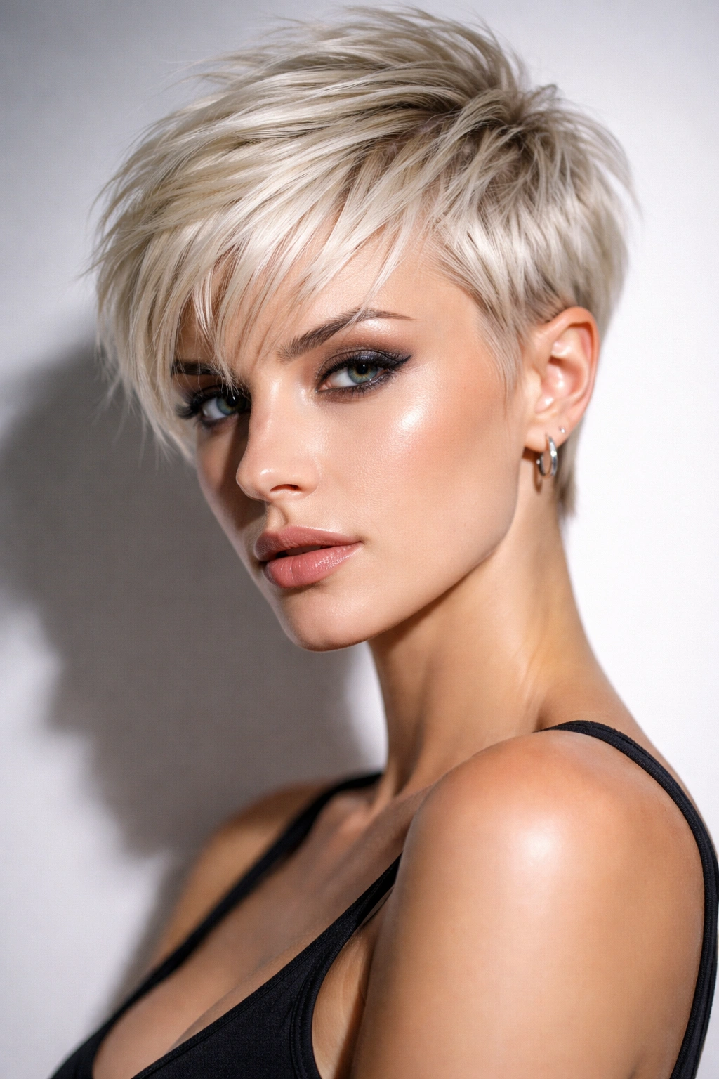 Bleached platinum pixie haircut under cool lighting