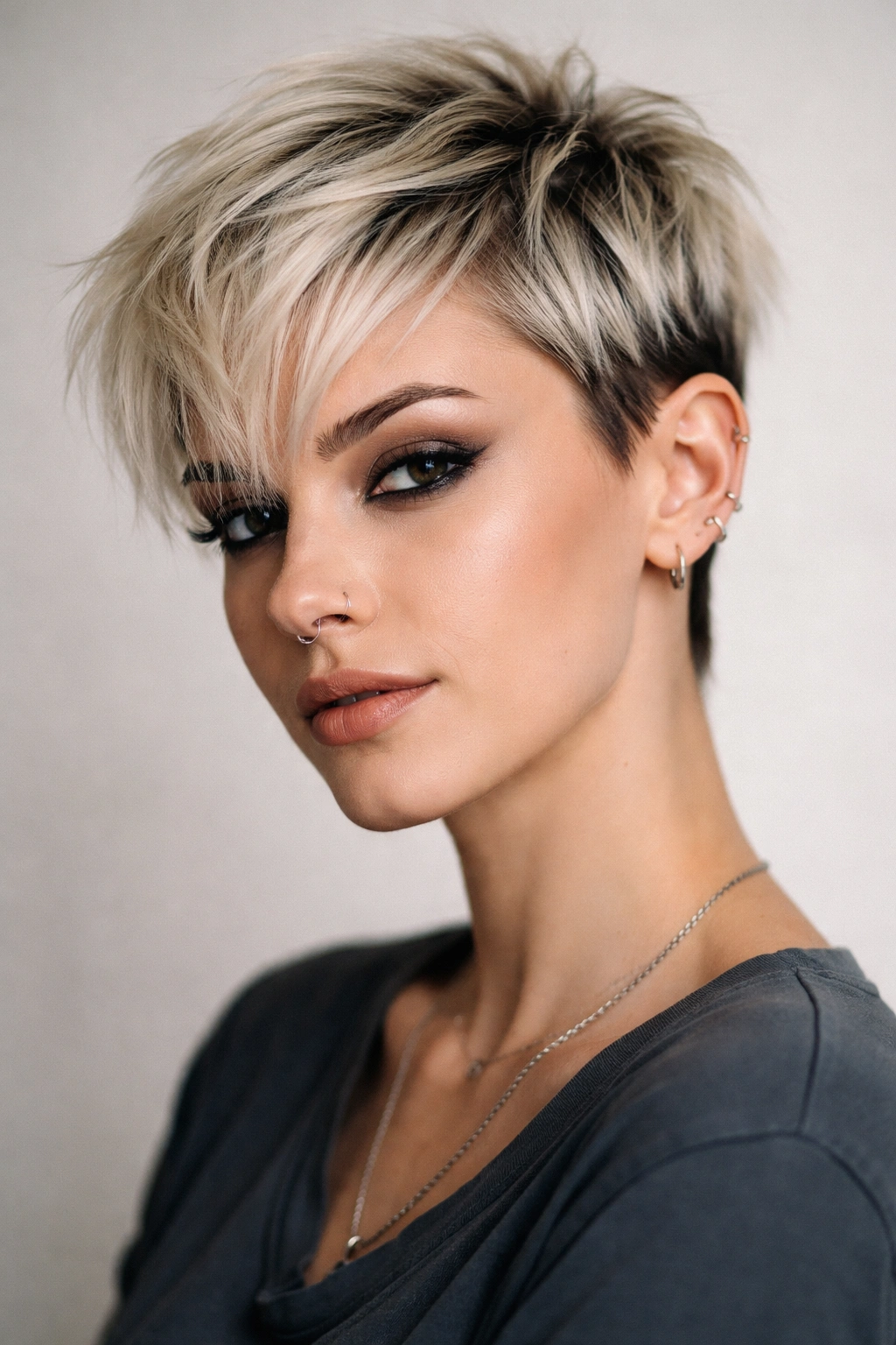 Pixie hairstyle with pale blonde top and dark roots
