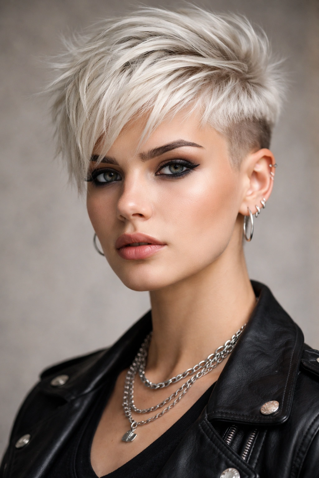 Close-up portrait of a bleached pixie with an undercut and platinum hair.