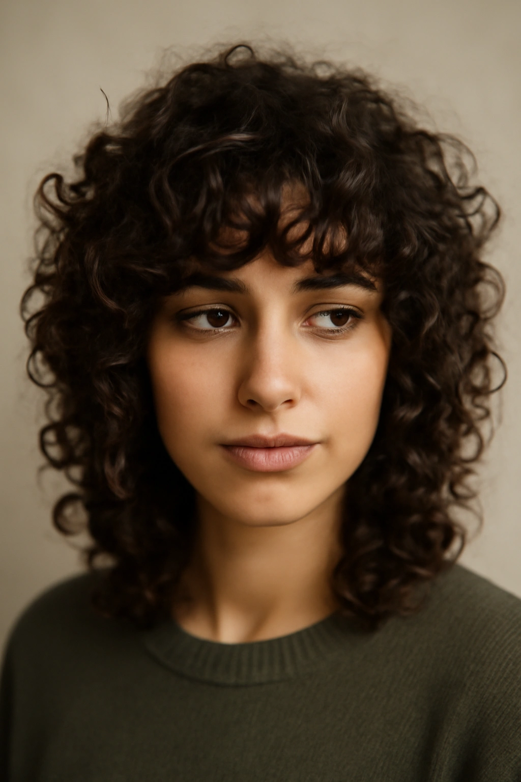 Soft blended fringe blending into layered curls with natural frame.