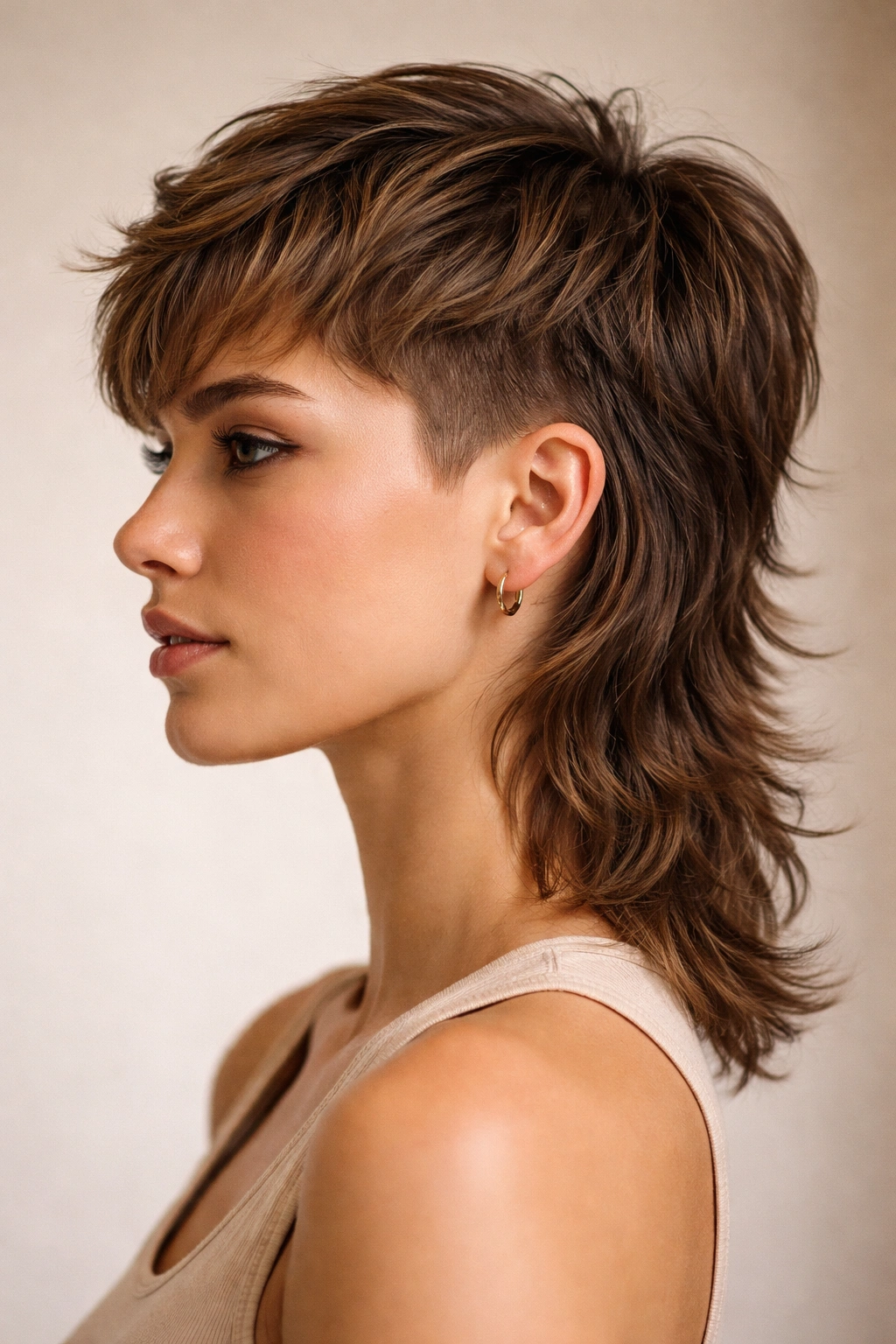 Portrait of blended mullet with layered transition and back length 3-4 inches