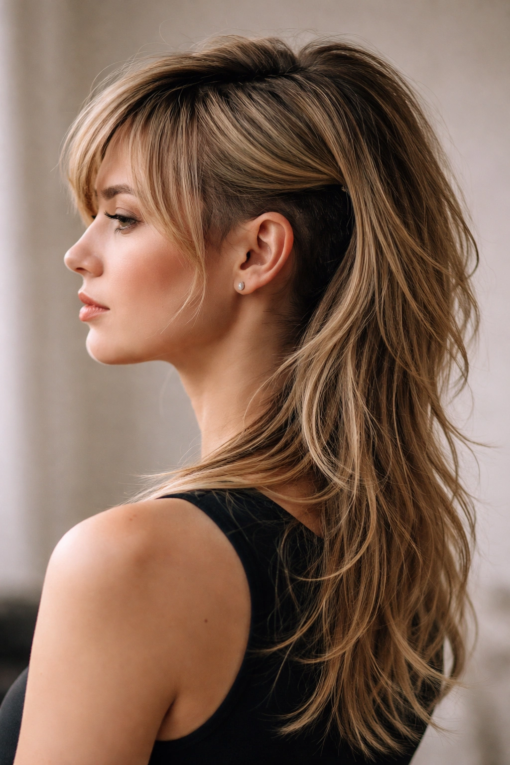 Blended mullet with hidden undercut visible from the side, back lengthened.